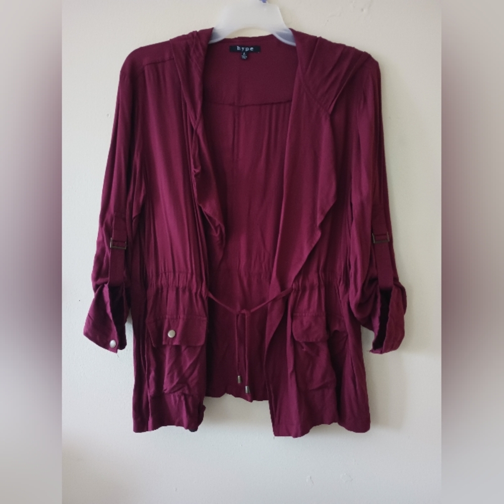 Burgundy hoodie cardigan.
